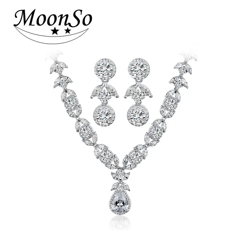 Moonso 925 Sterling Silver Jewelry Sets for women wedding Earring and Necklace african J1905 ge4
