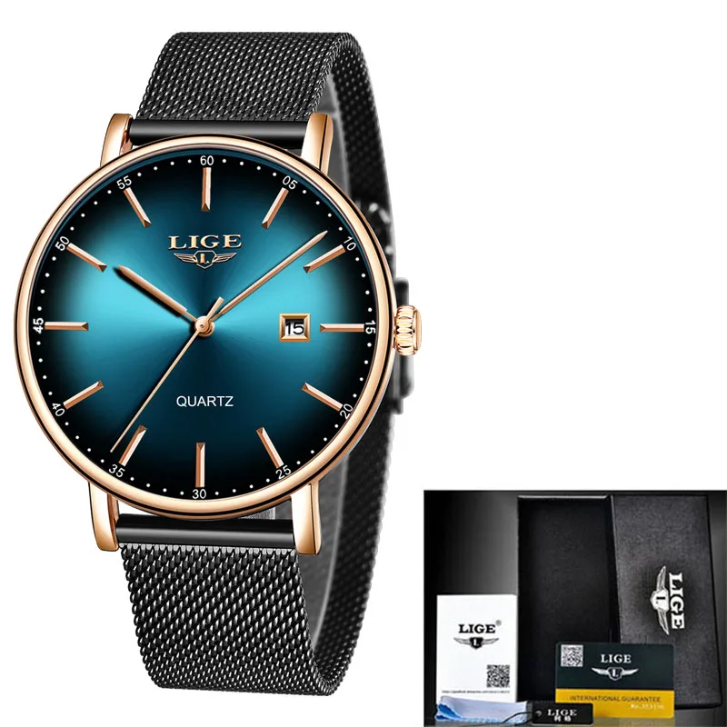 Rose gold green M LIGE модные мужские часы Топ бренд класса люкс Синий водонепроницаемые часы ультра тонкий Дата Простые повседневные кварцевые часы мужские спортивные часы - Цвет: Rose gold green M
