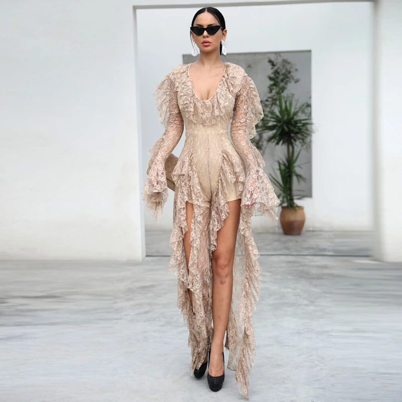 2018 New Arrival Fashion Khaki Black Lace Jumpsuit Sexy Deep V Neck High Split Celebrity Evening Party Jumpsuits Dropshiping 2018 New Arrival Fashion Khaki Black Lace Jumpsuit Sexy Deep V Neck High Split Celebrity Evening Party Jumpsuits Dropshiping