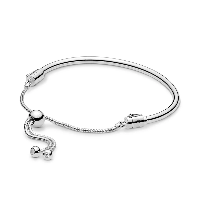 

2019 Spring Sliding Bangle Bracelet 925 Sterling Silver Smooth Bangle with Adjustable Extension Snake Chain for Women Jewelry.
