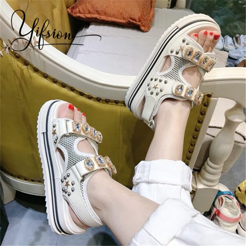 

OLOME New Fashion Black White Genuine Leather Women Summer Sandals Sexy Open Toe Crystal Platform Sandals Shoes Woman