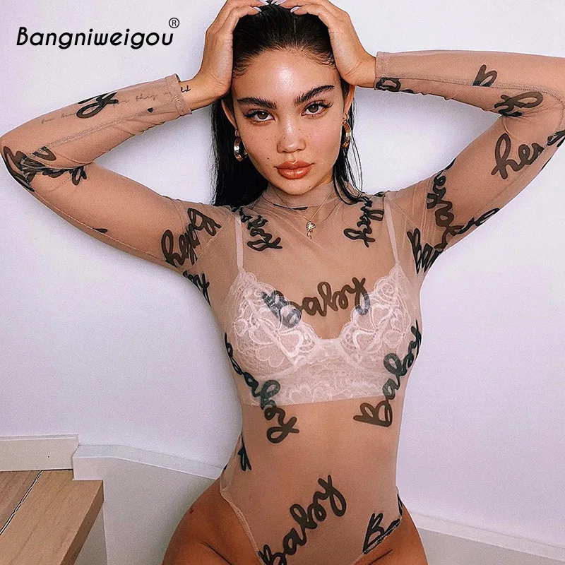 Bangniweigou Letter Babe Print Transparent Mesh Bodysuit Long Sleeve Beige Sheer Romper Women Summer Bodice Celeb Clubwear Bangniweigou Letter Babe Print Transparent Mesh Bodysuit Long Sleeve Beige Sheer Romper Women Summer Bodice Celeb Clubwear