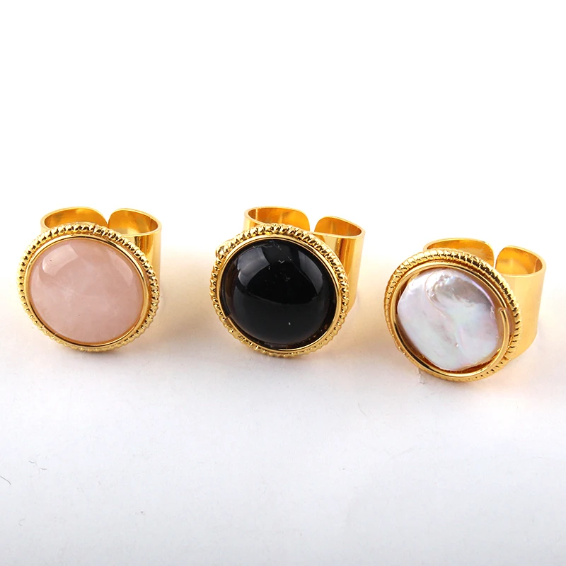 MOODPC модные открытые кольца с натуральным зернистым черным камнем и жемчугом