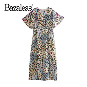 Bazaleas бабочка рукав женское платье винтажное назад полый тонкий миди платье двойной сплит цветочный принт vestido платье прямые поставки - Цвет: FL22 daisy 1002
