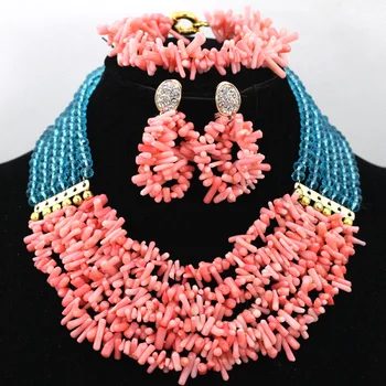 

Pretty 6 Layer Peach Coral Beaded African Jewelry Set Sky Blue Crystal Costume Gift Jewelry Set Chunky Free Shipping CNR436