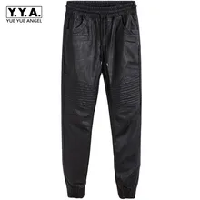 Осенние новые повседневные мужские лоскутные брюки из искусственной кожи с завязками на талии в стиле панк, байкерские мужские тонкие шаровары, большие размеры, уличная одежда