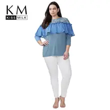 Kissmilk размера плюс с ажурным кружевом шифон кружева шить выдалбливают девичья ветер быка круглый вырез горловины с оборками, футболка с длинными рукавами