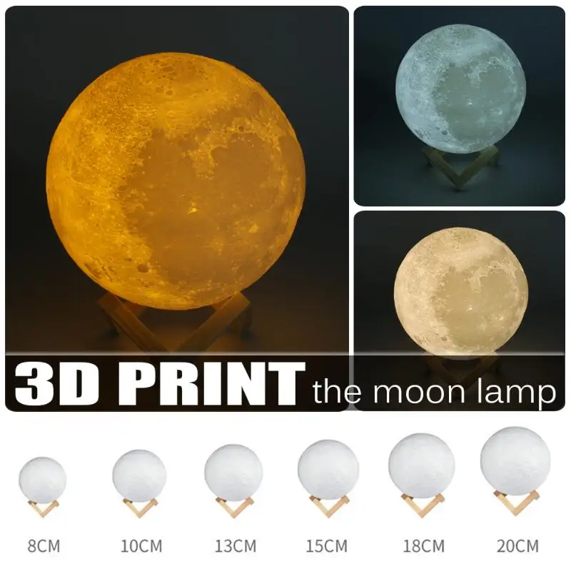 

8-20cm Dia 3D Print Moon Lamp USB LED Night Light Gift Touch Sensor 3 Colors Changing Rechargeable Night Light for Bedroom Decor