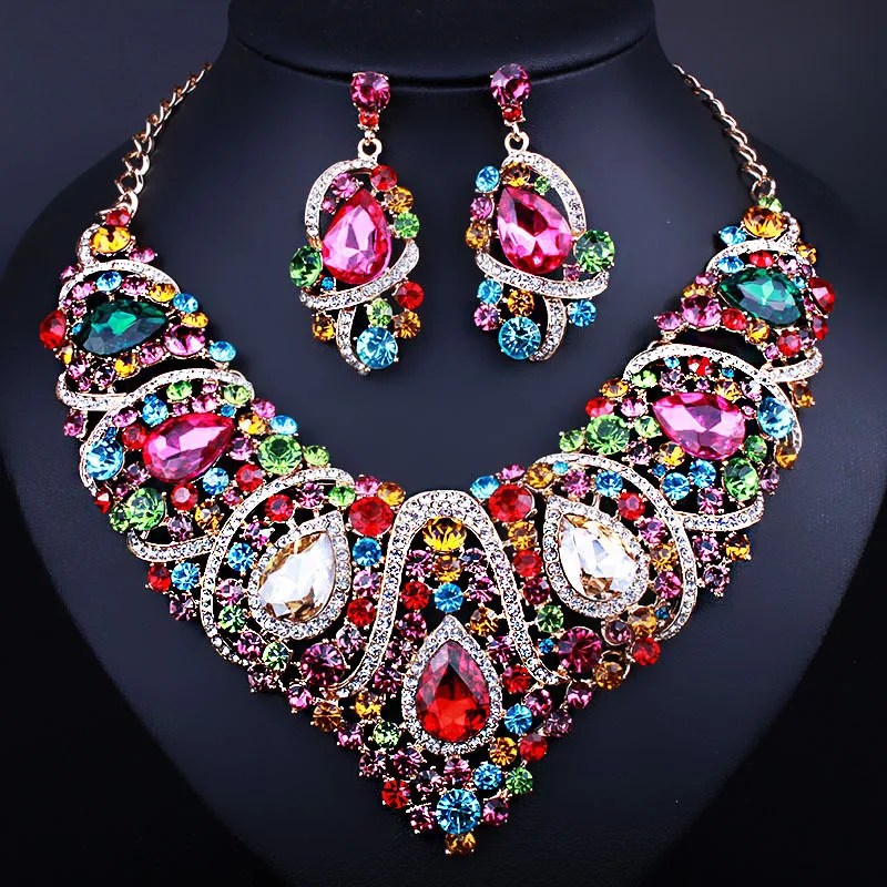 

Indian Jewellery Multi-color Crystal Necklace Earrings Bridal Jewelry Sets for Brides Party Wedding Earrings Sets Accessories