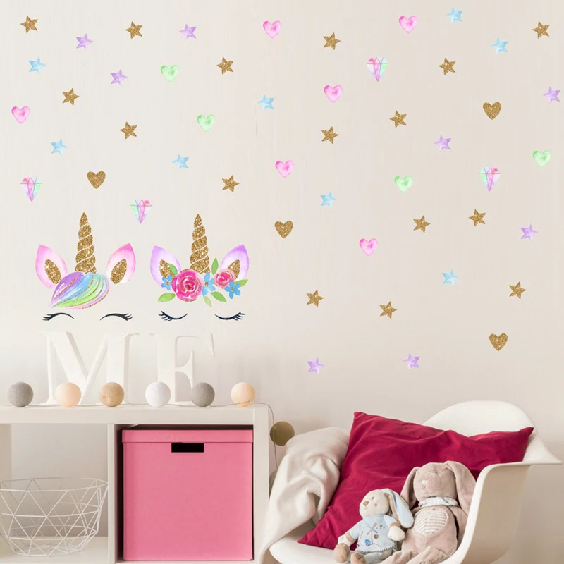 Милый Единорог и Bling Звезды настенные наклейки обои художественная наклейка s виниловая домашняя комната настенные украшения