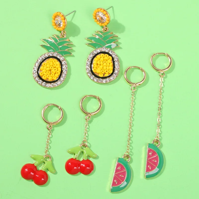 Lalynnlys Cute Cherry Watermelon Pineapple Drop Earrings New Fashion Rhinestone Fruit Dangle Earrings Ear Accessories Hot E60491