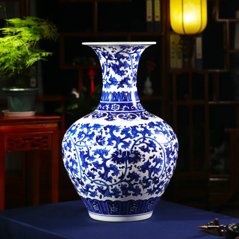 Chinese modern jingdezhen master hand-painted blue and white porcelain lotus vas