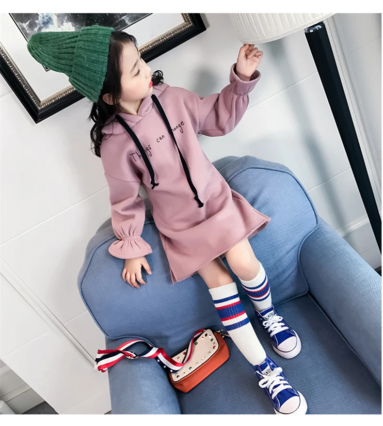 Casual Girls Dresses Winter 2018 Fashion Kids Long Sleeve Teen Dress For Girls Autumn Letter Hooded Children Dresses 7 to 8 Year (3)