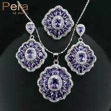 2016 Elegante Diseño Cuadrado Grande Cristalino de Austria Amethyst Púrpura 3 pieza de Plata de Ley 925 CZ Sistemas de La Joyería Para Las Mujeres Regalo J164