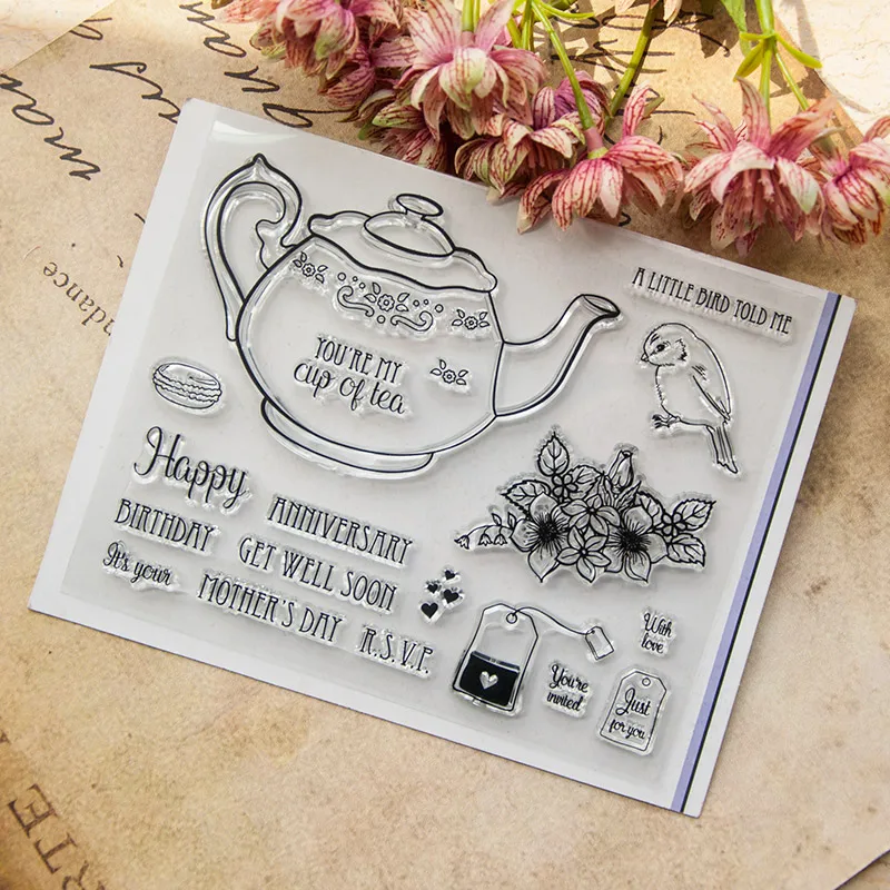 

Tea Cup Bird Flower Words Transparent Clear Silicone Stamp for Seal DIY Scrapbooking Photo Album Decorative Clear Stamp Sheets
