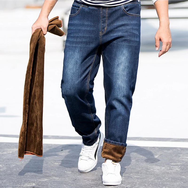 Spring Warm Blue Jeans Men Plus Velvet Thicken Solid Slim