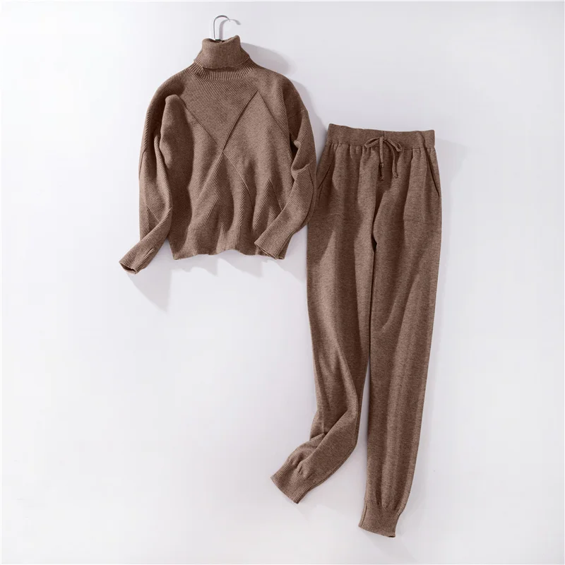 Модные женские трикотажные таможенные комплекты осень зима водолазка пуловеры и длинные брюки костюмы 2 шт. Набор трикотажные брюки спортивный костюм