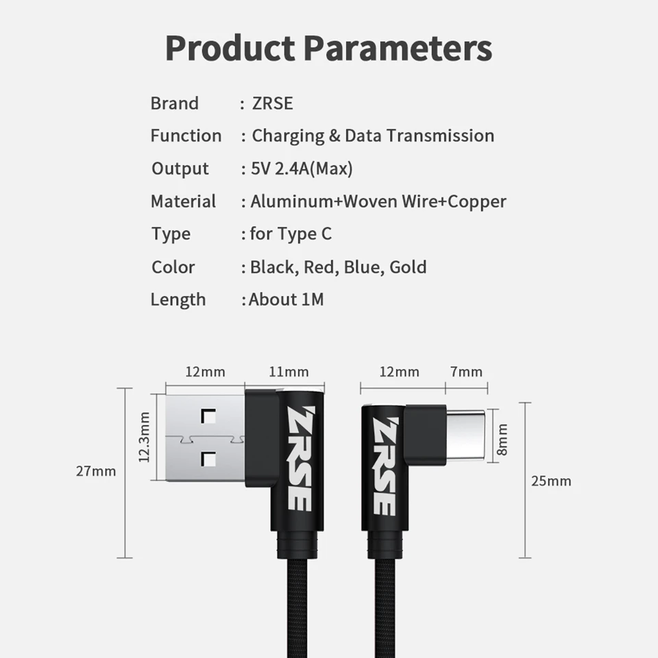 ZRSE Usb type-C кабель для samsung a50 s10 s9 90 градусов локоть 3 м 2 м 1 м Синхронизация данных Быстрая зарядка Usb кабель Oneplus Xiaomi Mi9 Redmi