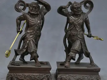 

8'' China Folk Two Door Guardian Warrior God Ears and Clairvoyance Bronze Statue