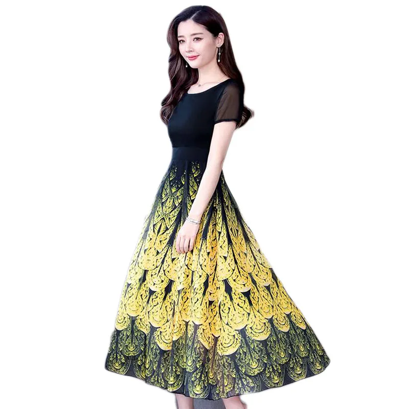 

2019 Women Summer Dress Plus Size Short-sleeved Chiffon Sunflower Long Dress Slim Waist Rockabilly Dress Summer Dress E199