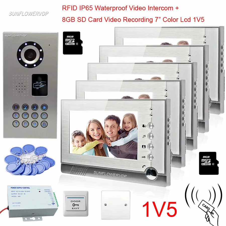 

5 Apartments IP65 Waterproof Video Intercom 8GB SD Card Video Recording 7" Color Monitor Home Phones Rfid Keypad Video-Doorbell