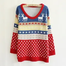 Hot Sale Women Christmas Deer Loose Pullovers Tops Patchwork Argyle font b Sweater b font Knitwear
