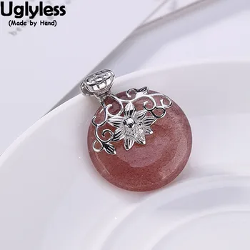 

Uglyless 100% Real 925 Sterling Silver Handmade Ethnic Flower Pendants for Women Strawberry Quartz Button Necklaces No Chains