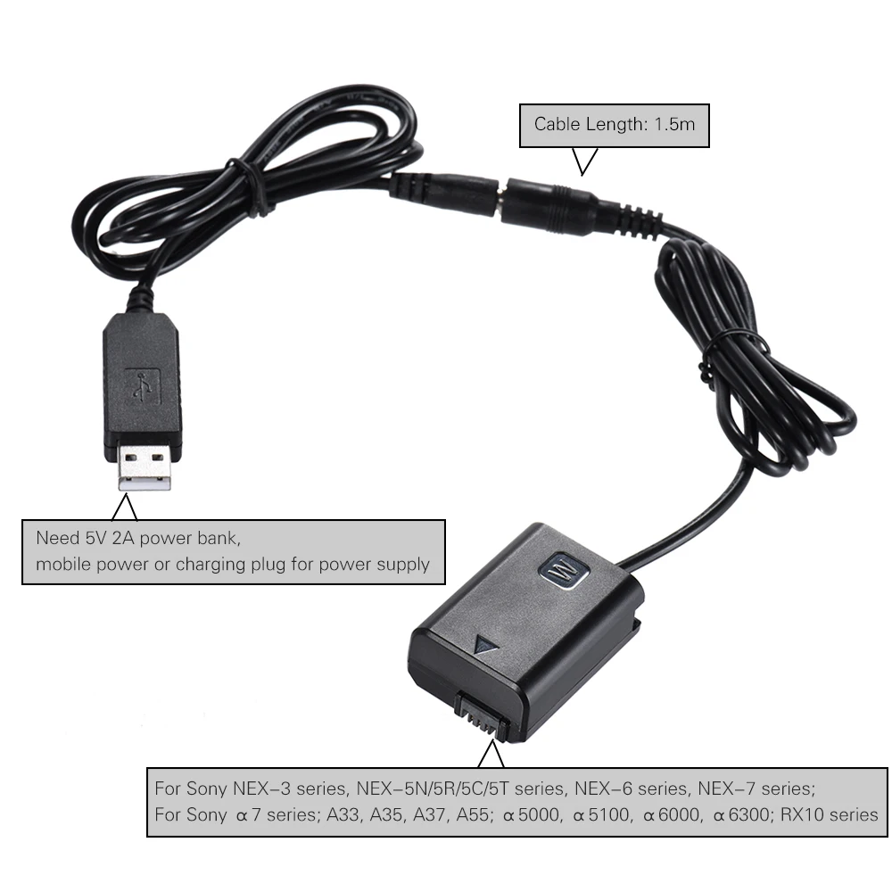 Andoer NP-FW50 манекен Батарея+ DC Мощность банк USB кабель для AC-PW20 sony NEX-3/5/6/7 серии A33 A37 A35 A55 a7 a7R a7II A6000 A6300