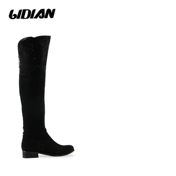 

LIDIAN 2018 over the knee Sheep suede boots women Sheep suede Winter shoes Warm wool fur woman Black Boots Zip High quality H3