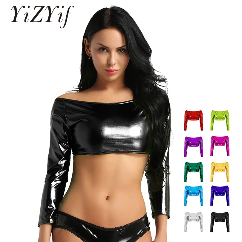 

YiZYiF Women's Sexy shiny Crop Tops tube top Stylish Shiny Strapless Off the Shoulder Long Sleeves Crop Top Casual Slim Tube Top