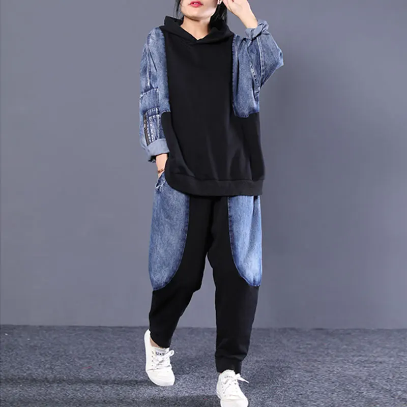 

2 Piece Sets Women Tracksuit Washed Denim Stitching Autumn Matching Set Literary Ladies Sweatshirt Warm Suit Large size TY141