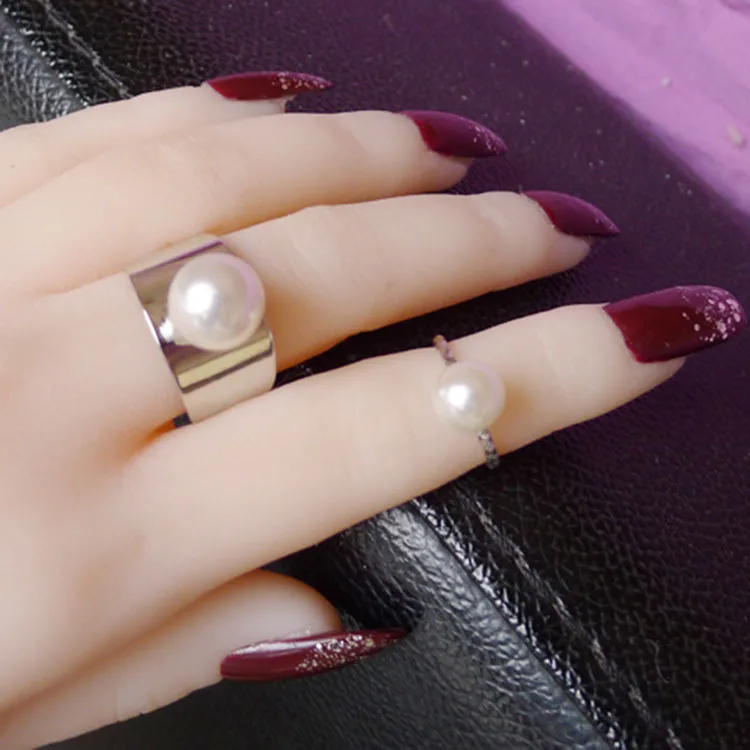 

706 Fashion Exquisite Wide Simulated Pearl 2PCS Set Finger Rings Glaze Adjustable Open Knuckle Rings For Women R1205
