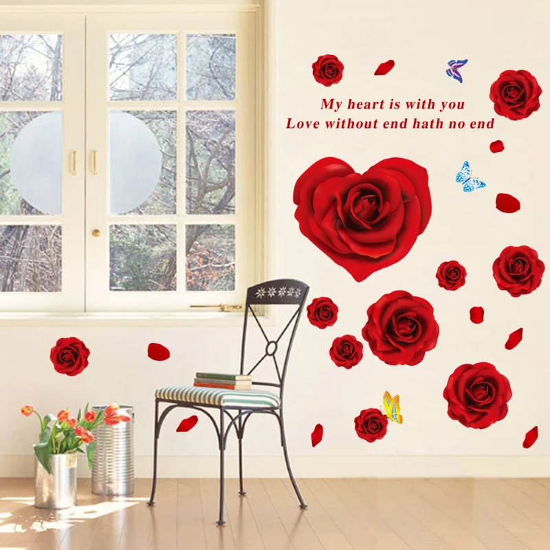 Bedroom Wall Sticker Romantic Love Quote I love You Decor Decal with Heart Rose 