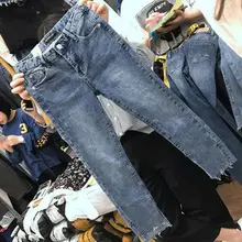 Весна и осень большой женский размер джинсы высокой талии эластичные отверстие прямой ногой Штаны 9 штанов шорты для студентов