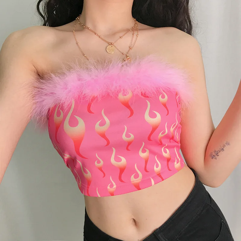

Harajuku Crop Top Women Flame Pattern Feather Decoration Sleeveless Tops for Kawaii Girl Sweet Short Tee Pink
