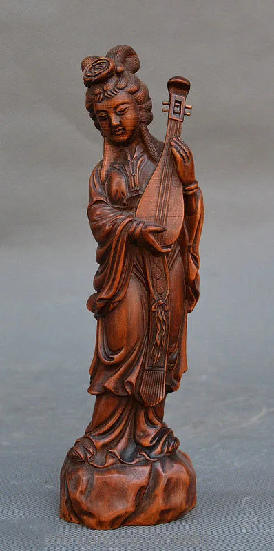 

Crafts statue 8" China Ancient Boxwood Wood Carved Play Lute Beauty Beautiful Woman Sculpture