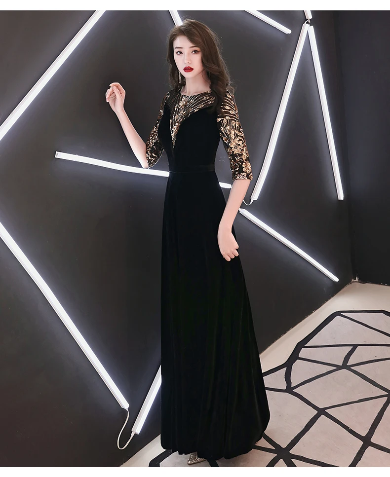 Robe de soiree черный велюр вечерние платья с круглым вырезом дизайн элегантное расшитое блестками длинное в пол бархатные вечерние платья LYFY93