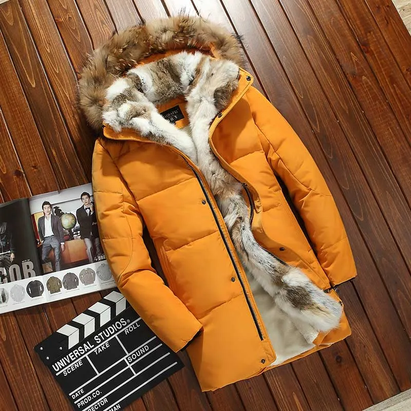 Зимний унисекс пуховик, пальто, теплая верхняя одежда, натуральный мех кролика, енота, капюшон, 5 XLWo, для мужчин, толстая - Цвет: Orange