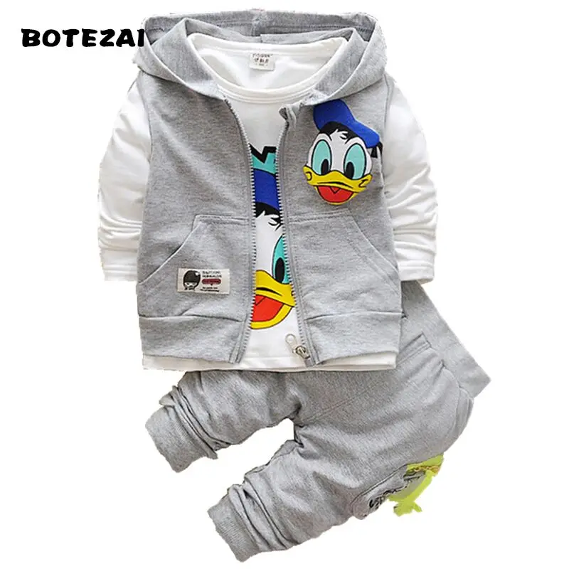 

New Donald Duck Boys Clothing Sets Kids Autumn Character Cotton Long Sleeve Shirt +Pants+ Vest 3 Pcs Suit Children Clothes Set