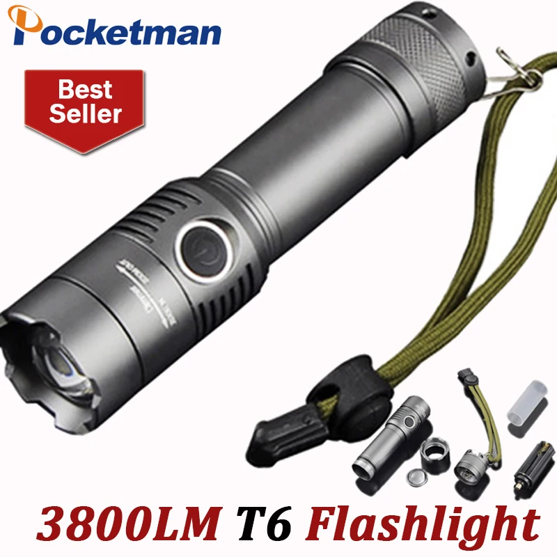 

3800 Lumens Powerful LED Flashlight T6 Rechagerable Keychain Torch 3 Modes Tactical Flashlight Zoomable Torche Lampe ZK93