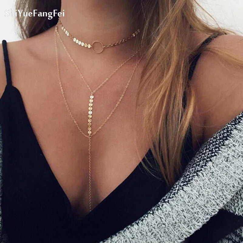 

New fashion sequins multi-layer necklace necklace ladies statement gold colour necklace necklace pendant ladies jewelry