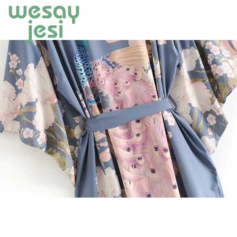 2019 Kimono sashes long jacket bohemian vintage Peacock and cute floral printing Cardigan plus size long jacket women