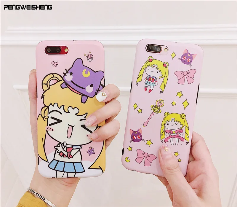 ENGWEISHENG Sailor Moon Soft Pink Color Case for iPhone 7 6 6s plus Lovely Cute Cartoon Back Phone Cover for iphone 6s plus