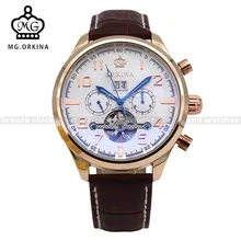 ORKINA Большой Циферблат Tourbillon Мужские Часы Кожаный Ремешок Авто Дата День Механическая Наручные Часы Montre Homme Мужской Часы Heren Horloges