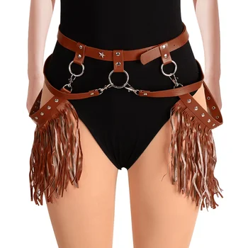 

Brown Leather Tassel Waist Belt Body Harness Sexy Punk Boho Adjust Party Dance Festival Rave Women Crop Top Cage Lingerie Garter