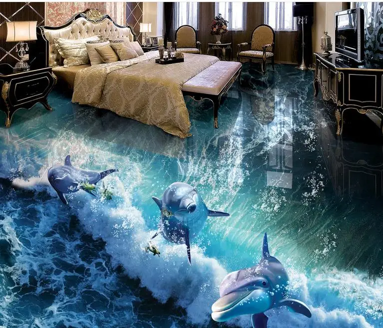 Custom Photo Wallpaper 3d Floor Painting Dolphin Waves Vinyl