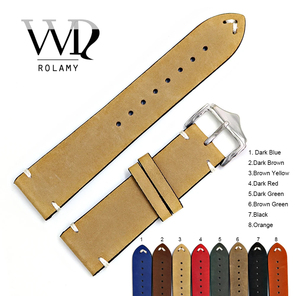 Rolamy Watch Band 20 22 24mm Leather Watchband For Rolex Omega Submariner Daytona Panerai Cowhide Suede Black Vintage Watch Belt Rolamy Watch Band 20 22 24mm Leather Watchband For Rolex Omega Submariner Daytona Panerai Cowhide Suede Black Vintage Watch Belt