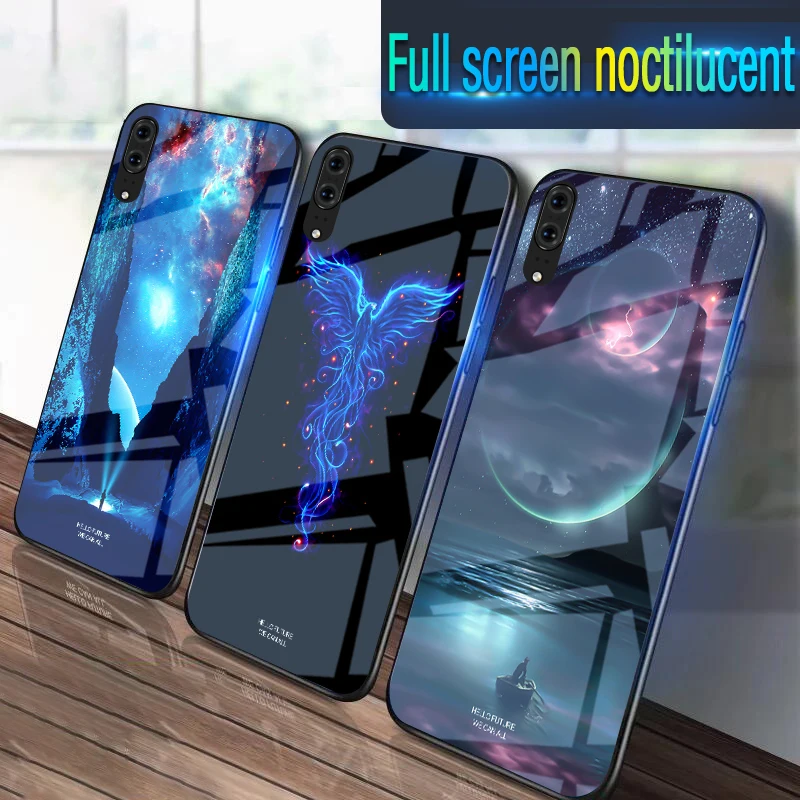 

Luxury Starry Glass Luminous Phone Cases For Huawei P20 Space Night Shine Glass Case For Huawei P20 Cover Shell