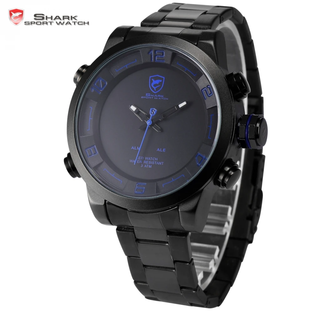 Men's Gulper SHARK Sport Watch Japan Movement Steel Band Blue LED Light Date Alarm Digital Waterproof Quartz Watches Gift /SH362
