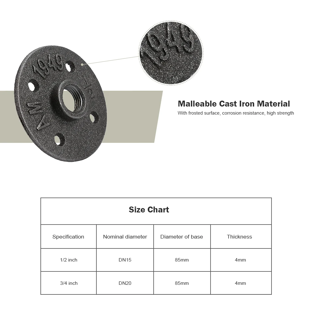10 шт. 1/2 3/4 дюйма черный декоративный ковкий Железный пол/настенный фланец ковкий чугунные трубы фитинги BSP резьбовое отверстие